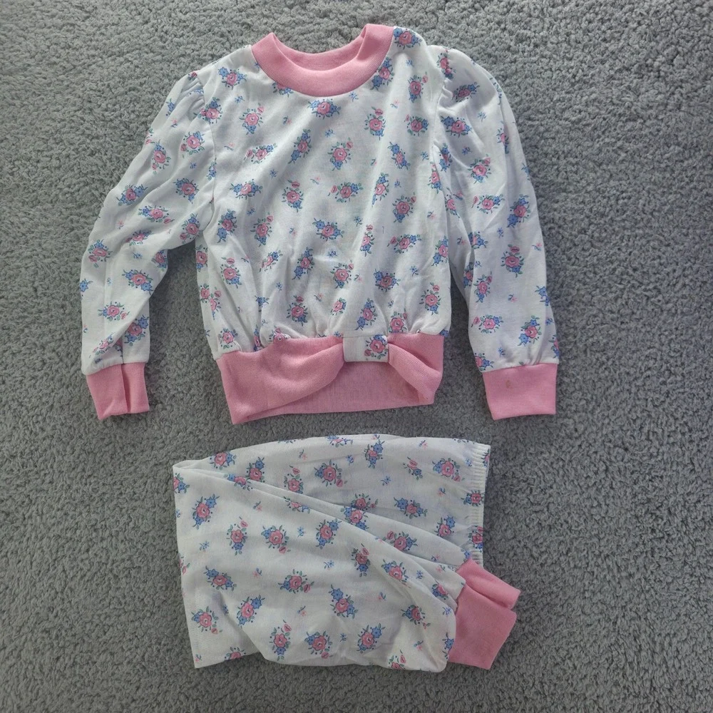 Kid Duds Vintage Girls Floral Pajama Set Size 6 Pink Blue Puffy Sleeve USA 90s